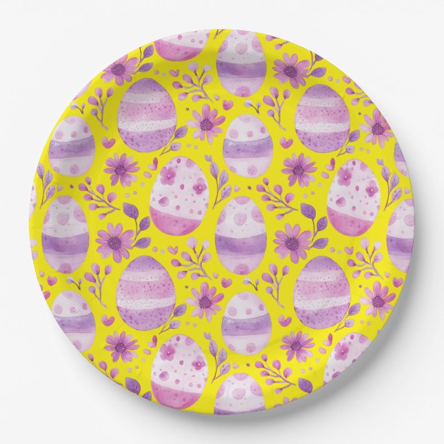 Purple Easter Egg and Flowers Pattern Yellow Paper Plates (Front)