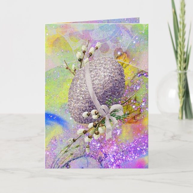 PURPLE EASTER EGG,WHITE BLOSSOMS,YELLOW SPARKLES HOLIDAY CARD (Front)