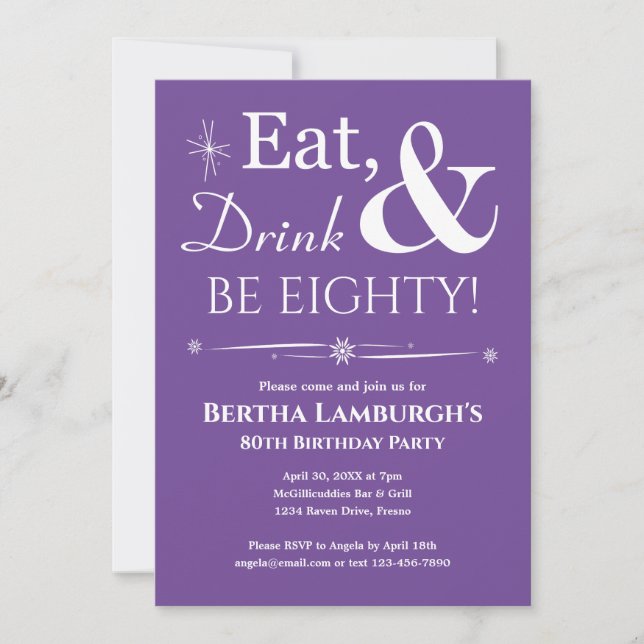 Purple Eat Drink & Be Eighty Retro 80th Birthday Invitation (Front)