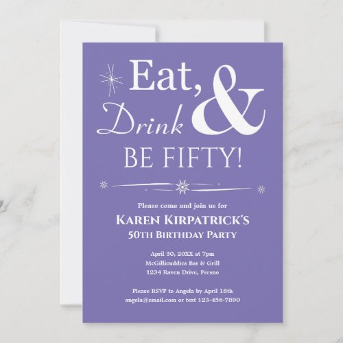 Purple Eat Drink Be Fifty 50th Birthday Midcentury Invitation