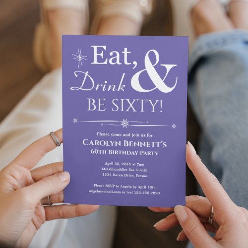 Purple Eat Drink Be Sixty 60th Birthday Midcentury Invitation