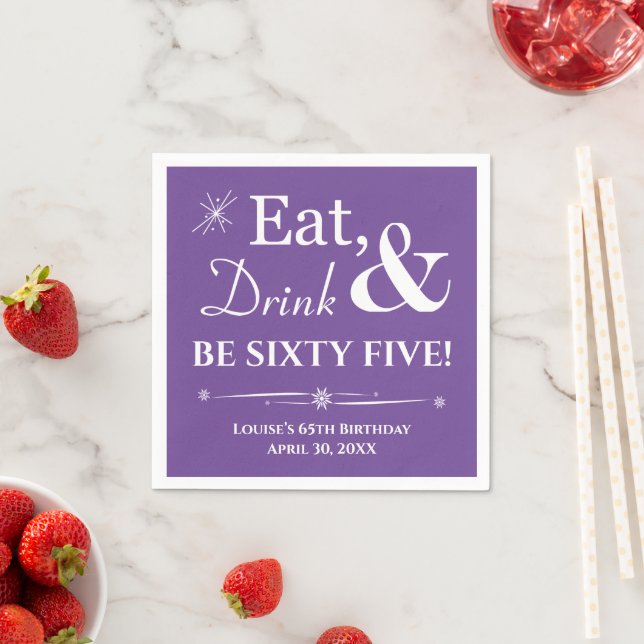 Purple Eat Drink Be Sixty Five Retro 65th Birthday Napkins (Insitu)