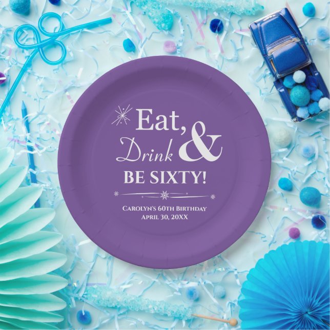 Purple Eat Drink & Be Sixty Retro 60th Birthday Paper Plates (Party)
