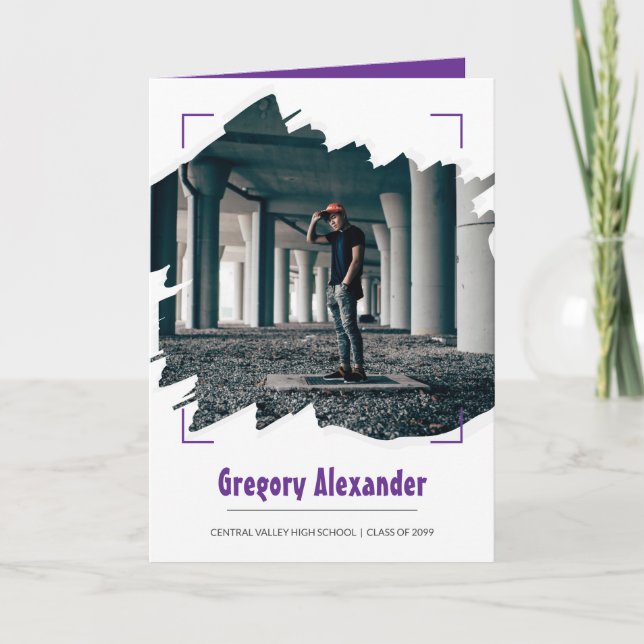 Purple Edgy Abstract Brushstroke Photo Graduation Invitation (Front)