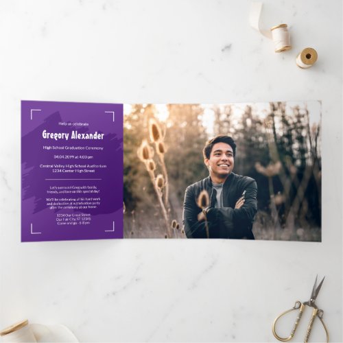 Purple Edgy Abstract Brushstroke Photo Graduation Tri_Fold Invitation