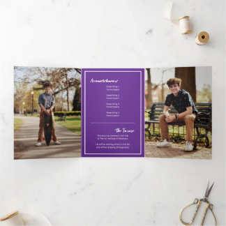 Purple Edgy Abstract Torn Photo Graduation Tri-Fold Invitation