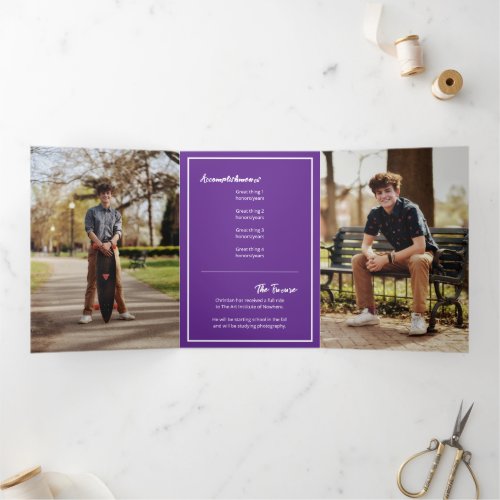 Purple Edgy Abstract Torn Photo Graduation Tri_Fold Invitation