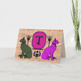 Purple Egyptian Cat Monogram Greeting Card: T Note Card