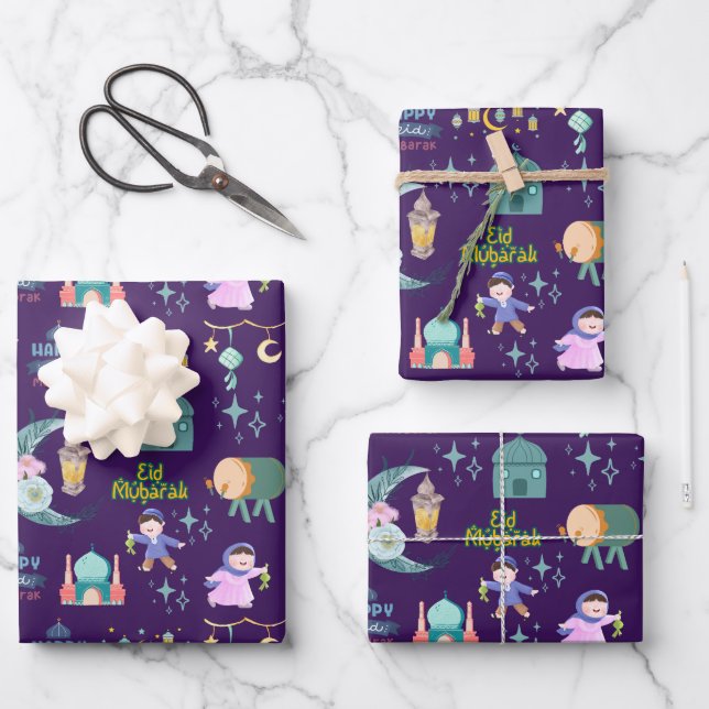 Purple | Eid Al-Fitr Mubarak Wrapping Paper Sheets (Front)