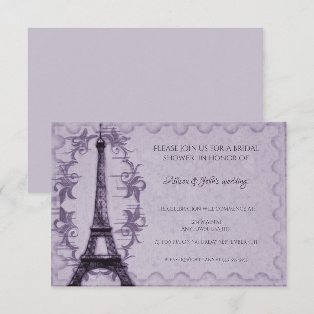 Purple Eiffel Tower Bridal Shower Invitation (Front/Back)