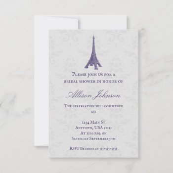 Purple Eiffel Tower Damask Bridal Shower Invitation by WeddingsByJade at Zazzle