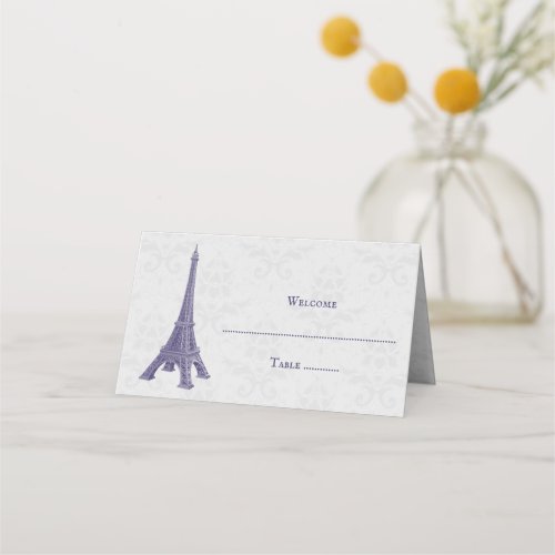 Purple Eiffel Tower Damask Reception Place Card