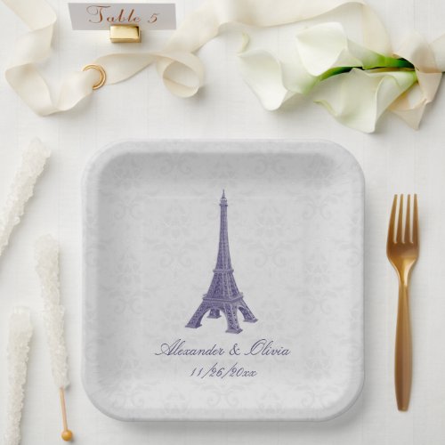 Purple Eiffel Tower Damask Wedding Shower Paper Plates