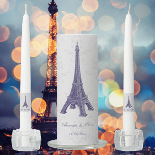 Purple Eiffel Tower Damask Wedding Unity Candle Set