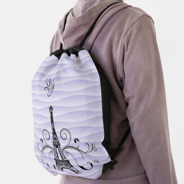 Purple Eiffel Tower Flourish Drawstring Backpack (Insitu)