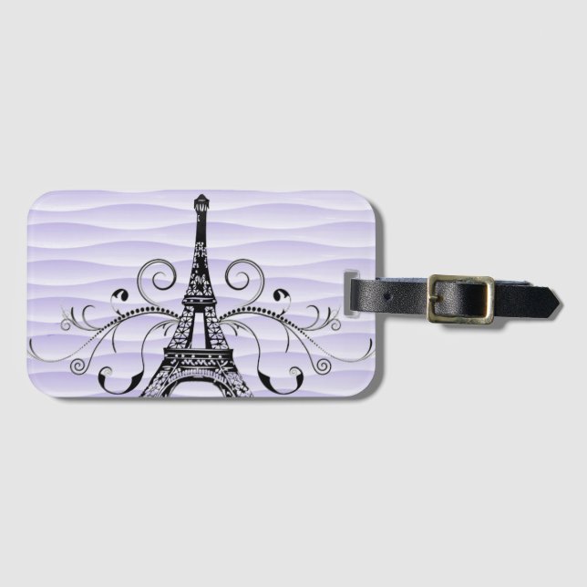 Purple Eiffel Tower Flourish Luggage Tag (Front Horizontal)
