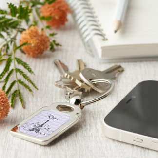 Purple Eiffel Tower Flourish Metal Keychain