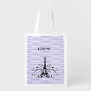 Purple Eiffel Tower Flourish Reusable Grocery Bag