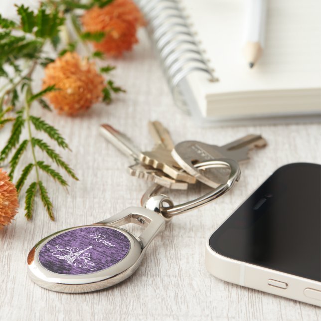 Purple Eiffel Tower Grunge Metal Keychain (Side)