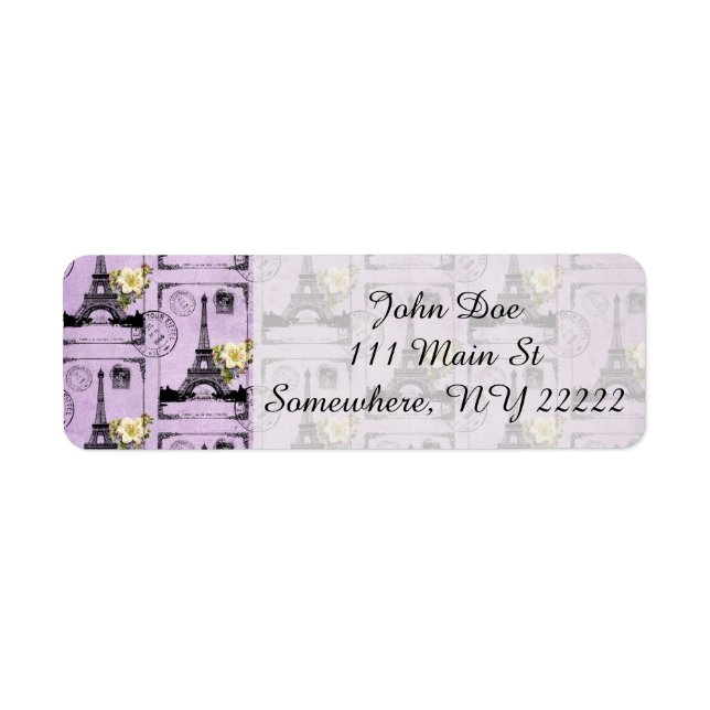 Purple Eiffel Tower Post Card Stamps Label (Front)