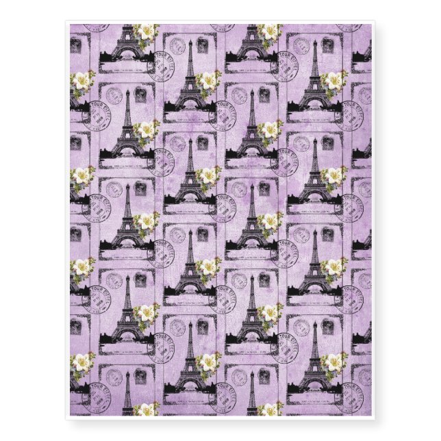 Purple Eiffel Tower Post Card Stamps Temporary Tattoos (Front)