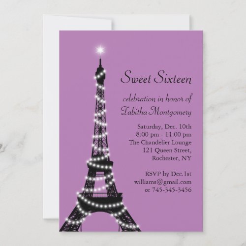 Purple Eiffel Tower Sweet 16 Invitation