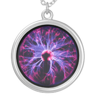 Purple Electricity Eminating from a Plasma Lamp Silver Plated Necklace