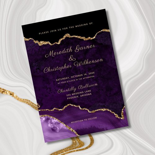 Purple Elegance Gold Glitter Agate Wedding Invitation