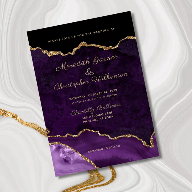 Purple Elegance Gold Glitter Agate Wedding Invitation | Zazzle