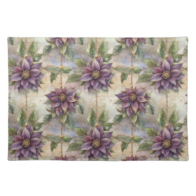 Purple Elegance Luxe Poinsettia & Holly Christmas Cloth Placemat (Front)