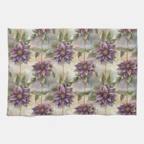 Purple Elegance Luxe Poinsettia  Holly Christmas Kitchen Towel