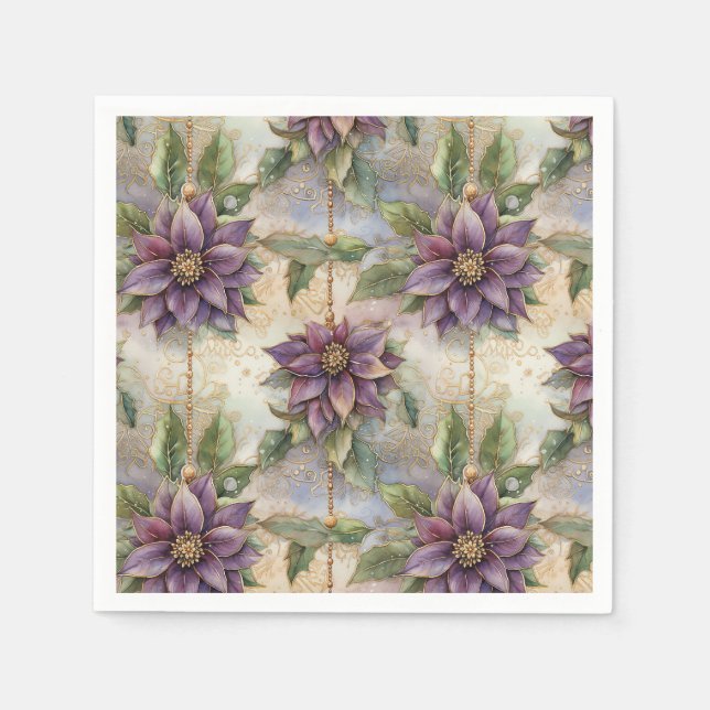 Purple Elegance Luxe Poinsettia & Holly Christmas Napkins (Front)