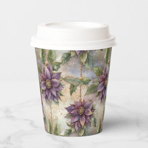 Purple Elegance Luxe Poinsettia  Holly Christmas Paper Cups