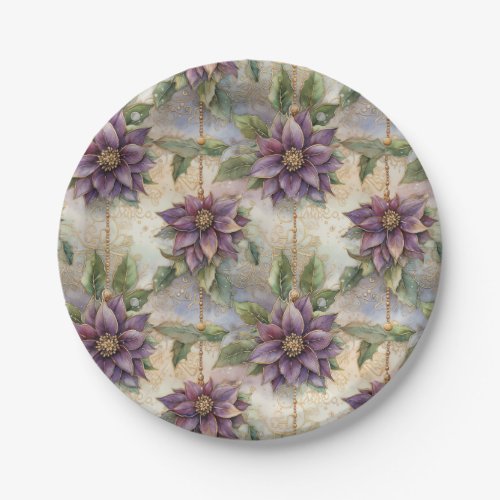 Purple Elegance Luxe Poinsettia  Holly Christmas Paper Plates