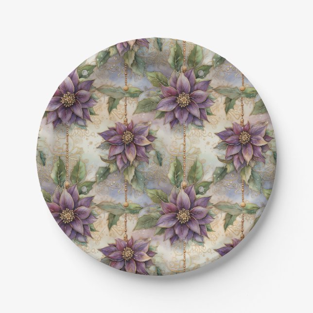 Purple Elegance Luxe Poinsettia & Holly Christmas Paper Plates (Front)