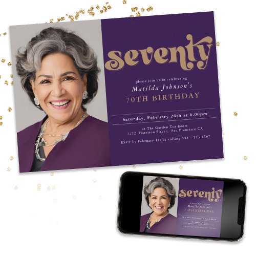 Purple Elegant 70th Birthday Party Invitation