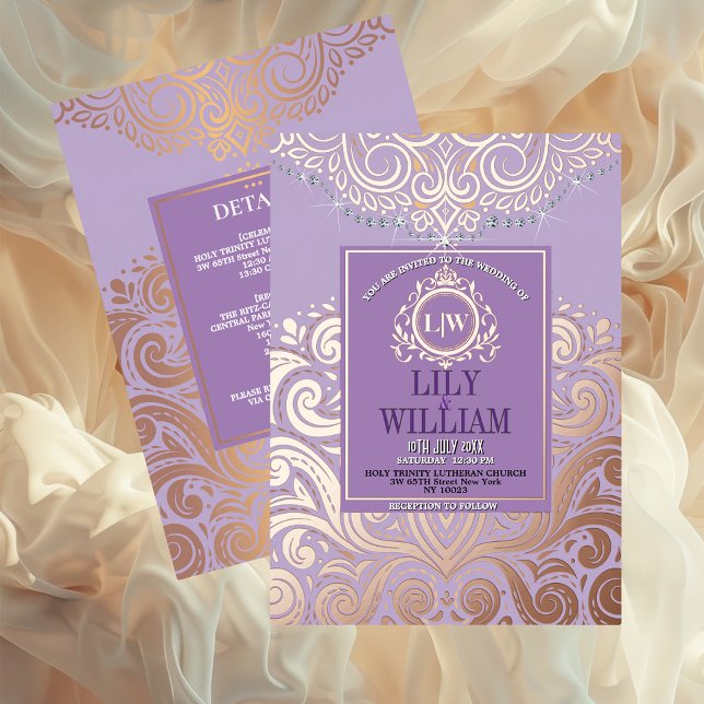 Purple Elegant Artdeco Diamond Monogram Wedding Foil Invitation (Luxurious Elegant Classic Boho Wedding Invitation - Real Foil and Monogram)