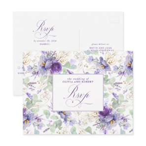 Purple Elegant Botanical Wedding RSVP Postcard