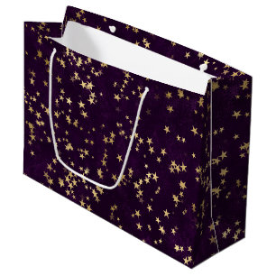 Purple Elegant Celestial Starry Gold Stars Design Large Gift Bag