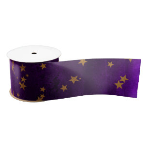 Purple Elegant Celestial Starry Gold Stars Design Satin Ribbon