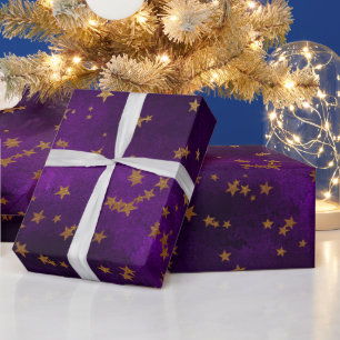 Purple Elegant Celestial Starry Gold Stars Design Wrapping Paper