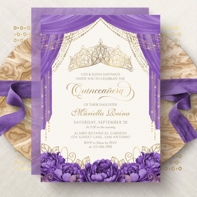 Purple Elegant Crown Floral Quinceanera Invitation (Creator Uploaded)