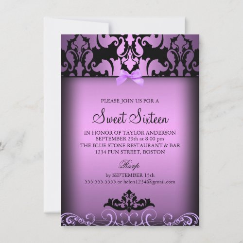 Purple Elegant Damask Sweet Sixteen Party Invite