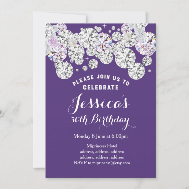 PURPLE elegant diamond, birthday invitation (Front)