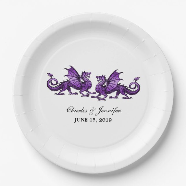 Purple Elegant Dragons Wedding Paper Plates (Front)