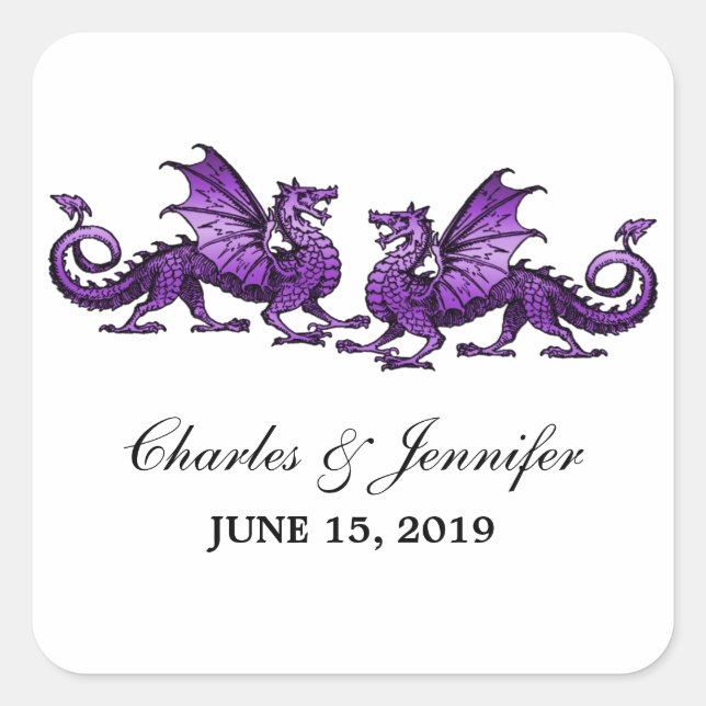Purple Elegant Dragons Wedding Stickers (Front)