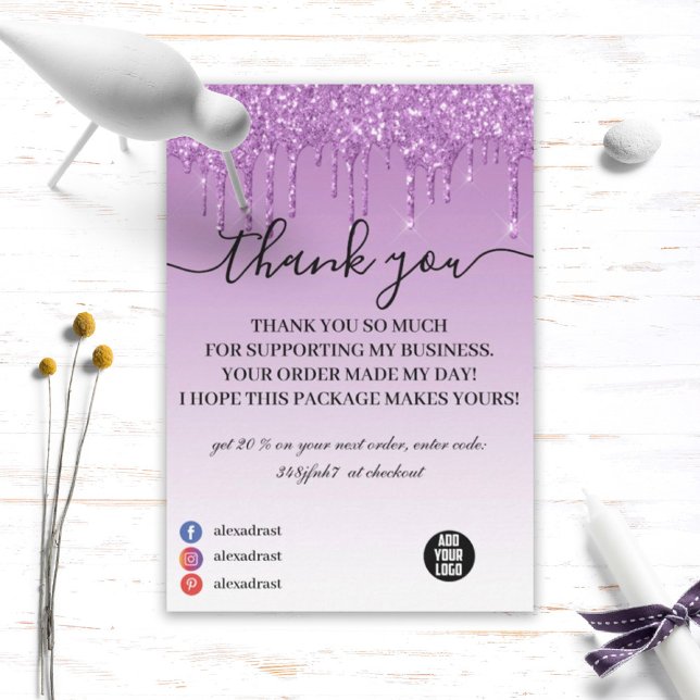 Purple Elegant Dripping Glitter Business Thank You Card (Creator Uploaded)