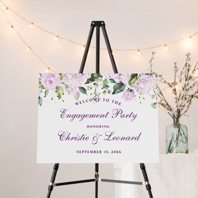 Purple Elegant Eucalyptus Engagement Party Foam Board (In Situ (Stand))