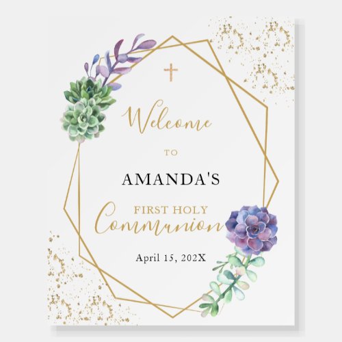 Purple Elegant First Communion Welcome Foam Board