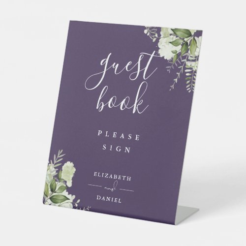 Purple Elegant Floral Greenery Guest Book Pedestal Sign